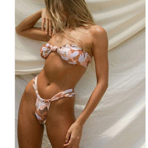 NWT Fox Stone Swim LeLe Bikini Top, Bandeau, Pastel Petal Brown/Pink, size Large - Picture 5 of 16